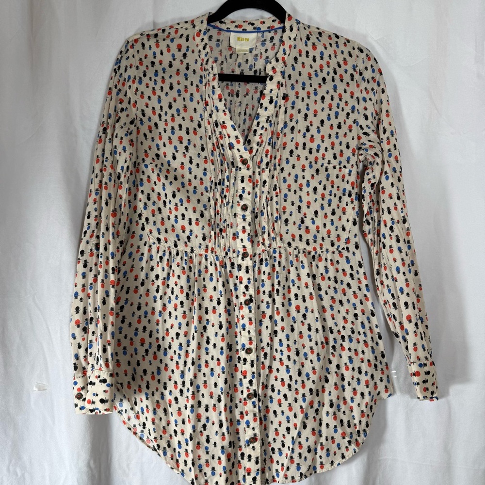 Maeve Anthropologie Pintuck Button Down Top Hat Print Tunic‎ Roll Up Sleeve Sz 8